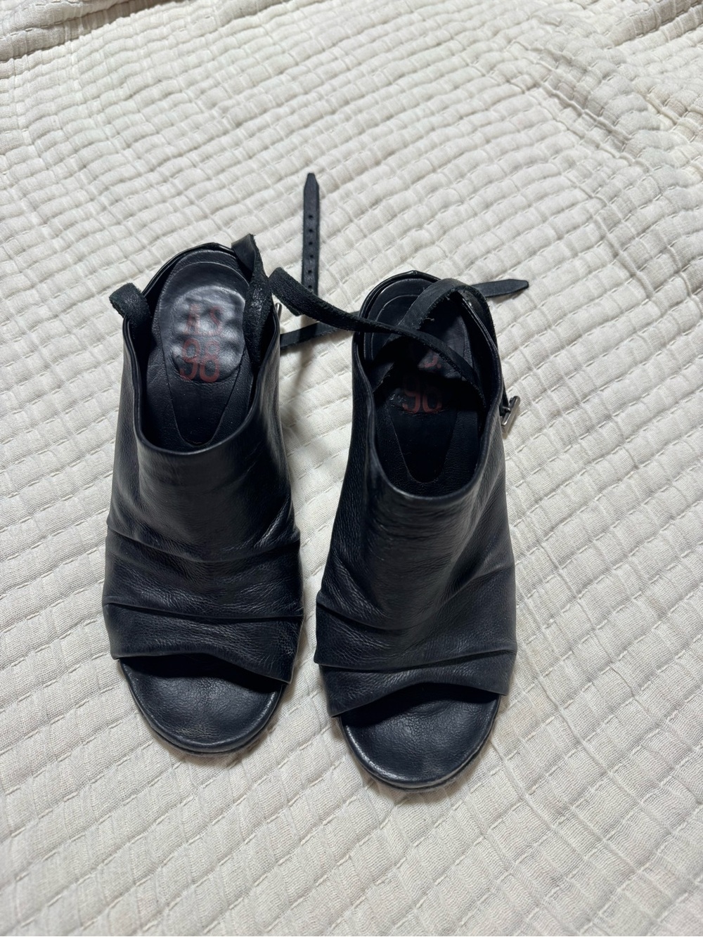 A.S.98 Black Leather Open-Toe Mules with Ankle Strap